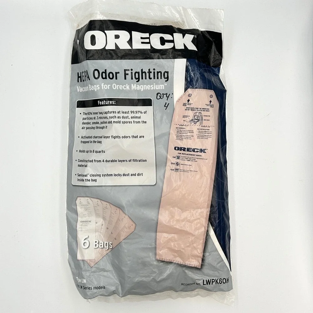 Oreck Magnesium HEPA Odor Fighting Vacuum Bags Type LW LWPK60H 4-Pack Tan